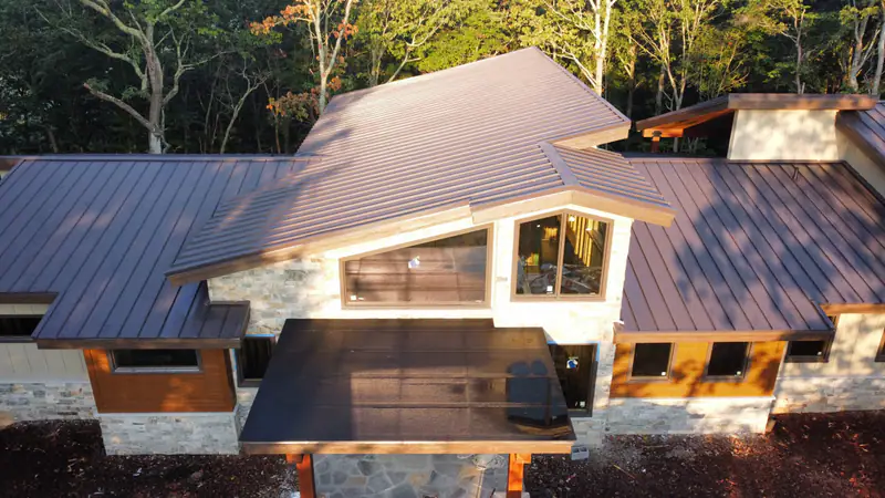 Drone view of a standing seam metal roof installed by Mr. Wilson's Roofing